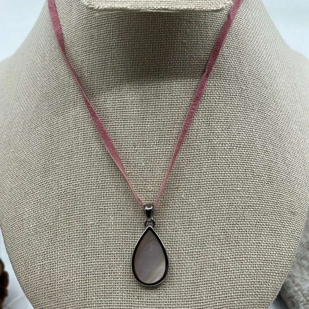 925 Sterling Silver Teardrop Pendant Necklace Iridescent MOP Pink Cord 16" - Picture 11 of 14